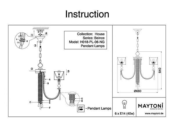 Подвесная люстра Maytoni Bience H018-PL-06-NG