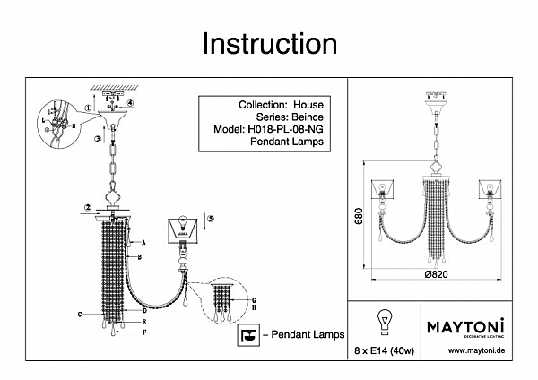 Подвесная люстра Maytoni Bience H018-PL-08-NG