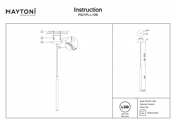 Светильник подвесной Maytoni Ray P021PL-L10B