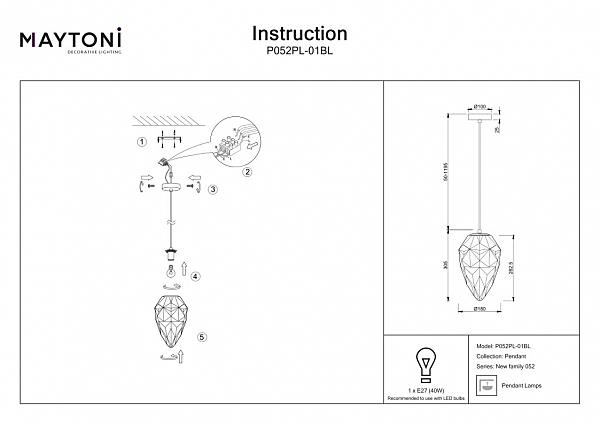 Светильник подвесной Maytoni Globo P052PL-01BL