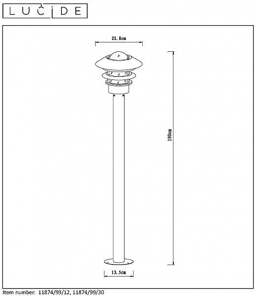 Столб фонарный уличный Lucide Zico 11874/99/30