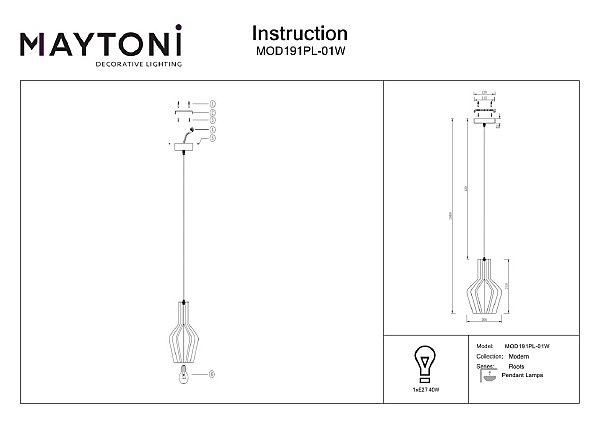 Светильник подвесной Maytoni Roots MOD191PL-01W