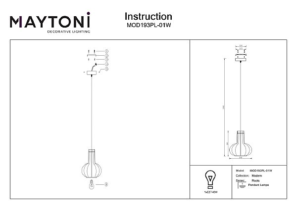 Светильник подвесной Maytoni Roots MOD193PL-01W