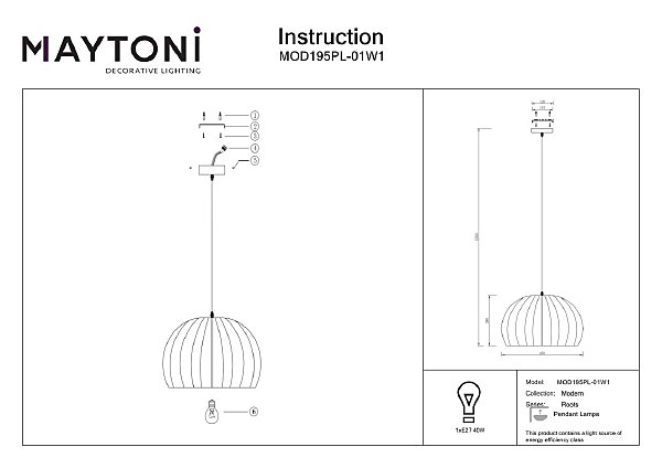 Светильник подвесной Maytoni Roots MOD195PL-01W1