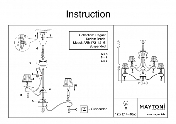 Подвесная люстра Maytoni Brionia ARM172-12-G