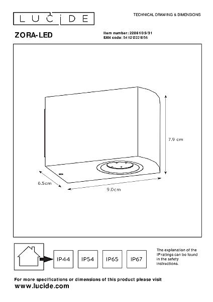 Уличный настенный светильник Lucide Zora-Led 22861/05/31