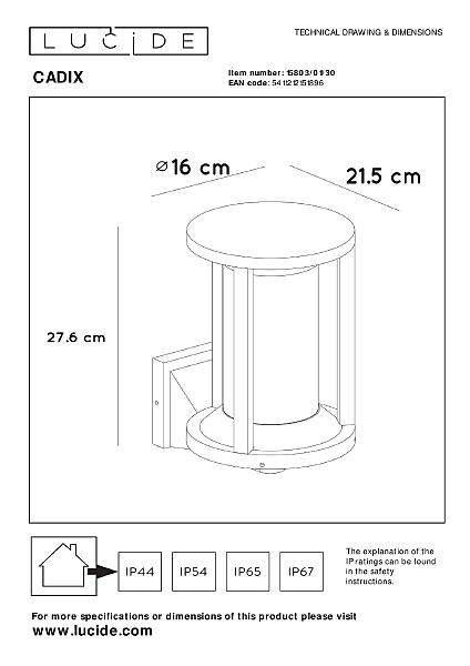 Уличный настенный светильник Lucide Cadix 15803/01/30