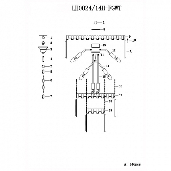 Подвесная люстра Lumien Hall Nara LH0024/14H-FGWT