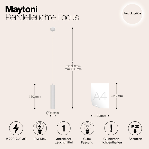 Светильник подвесной Maytoni Focus P075PL-01W