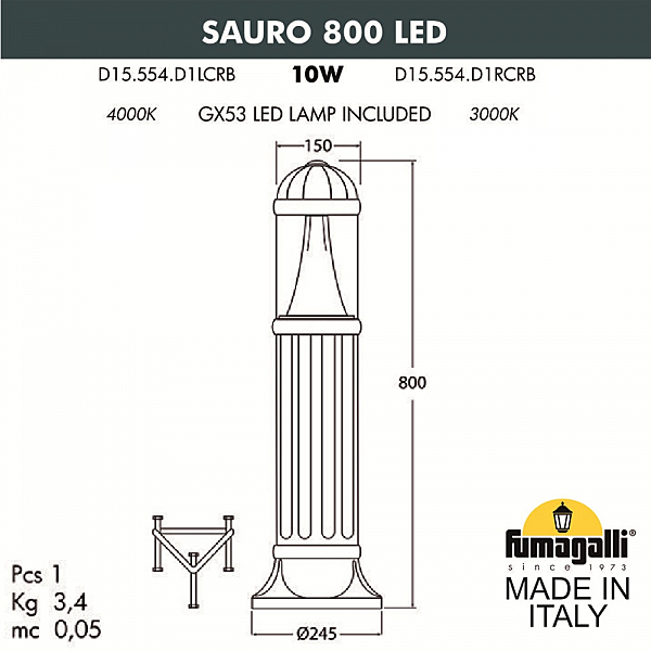 Уличный наземный светильник Fumagalli Sauro D15.554.000.WXD1L.CRB