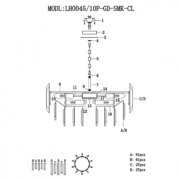 Подвесная люстра Lumien Hall Augusta LH0045/10P-GD-SMK-CL