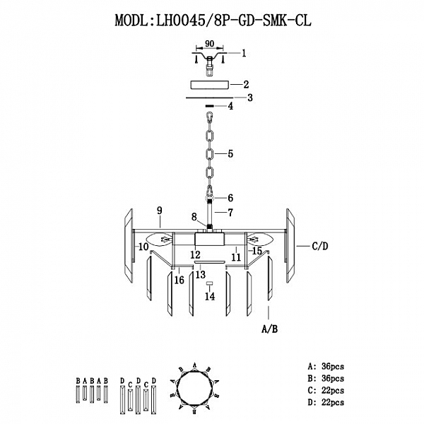 Подвесная люстра Lumien Hall Augusta LH0045/8P-GD-SMK-CL
