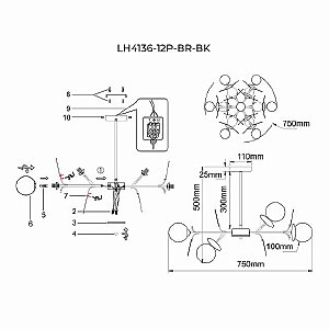 Люстра на штанге Lumien Hall Ilmari LH4136/12P-BR-BK