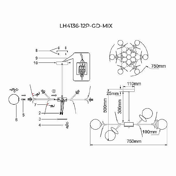 Люстра на штанге Lumien Hall Ilmari LH4136/12P-GD-MIX