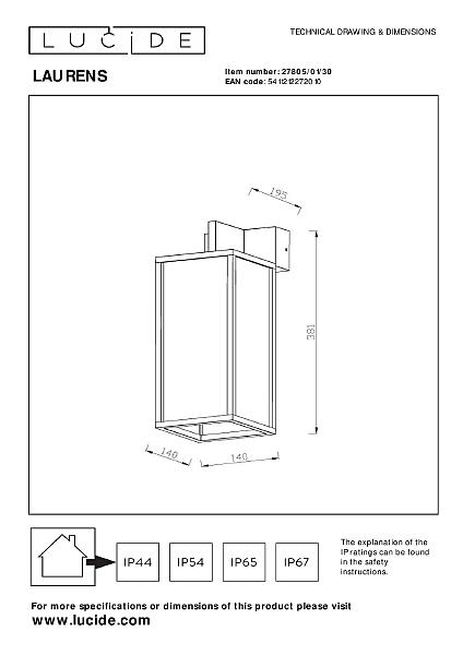 Уличный настенный светильник Lucide Laurens 27805/01/30