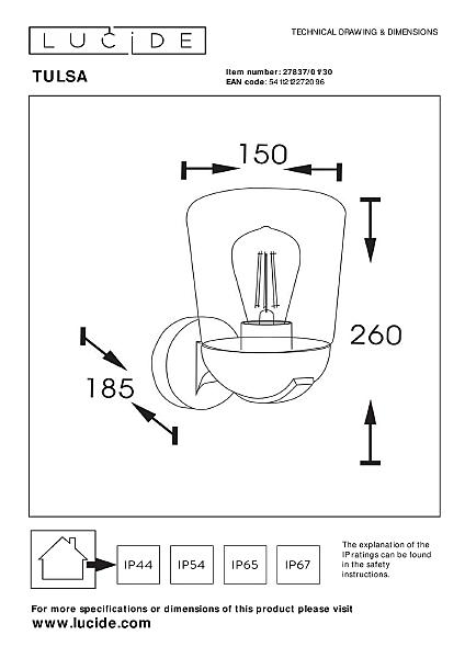 Уличный настенный светильник Lucide Tulsa 27837/01/30