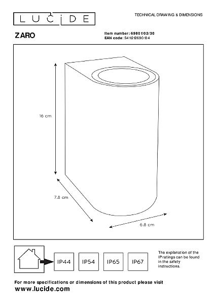 Уличный настенный светильник Lucide Zaro 69801/02/30