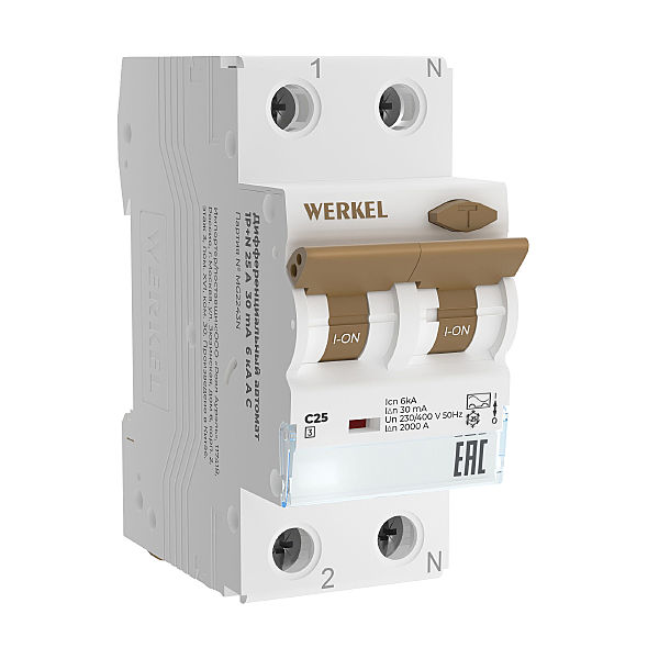 Автоматический выключатель дифференциального тока Werkel W922P256 / Дифференциальный автомат 1P+N 25 A 30 mА 6 kА C А